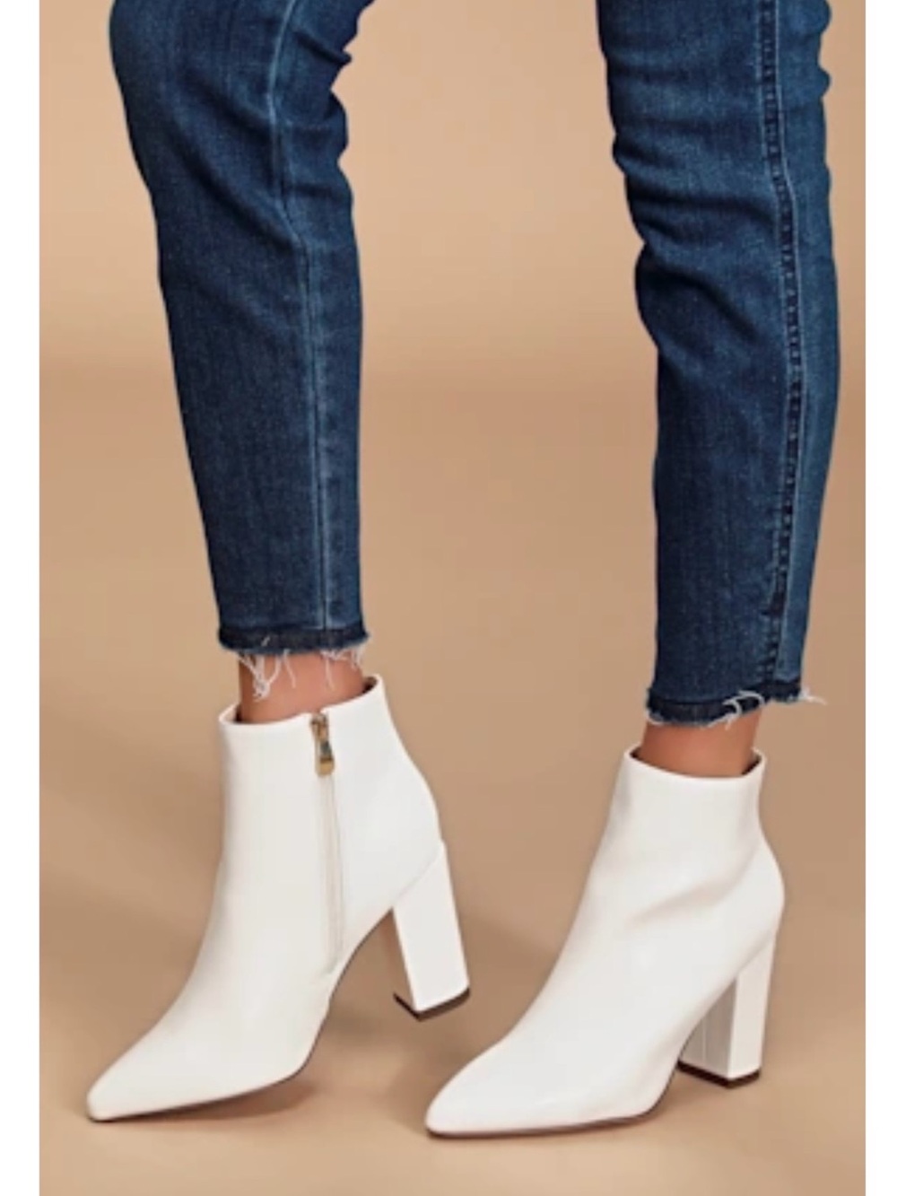 Lulu's White Pointed Block Heel Ankle Boots